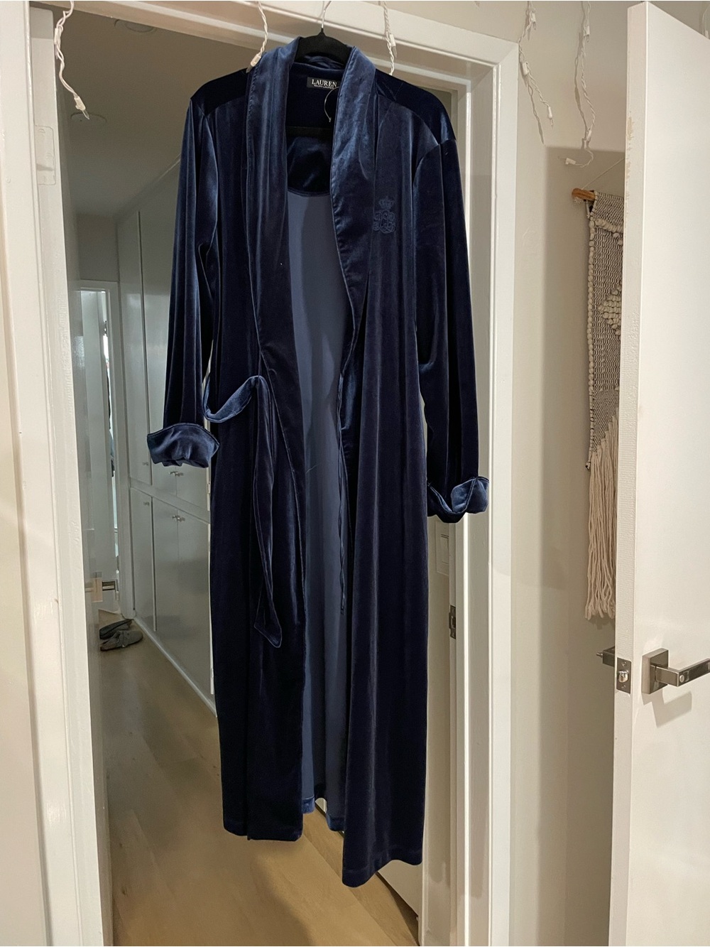 Ralph Lauren Navy Velvet Long Robe with Self-Tie